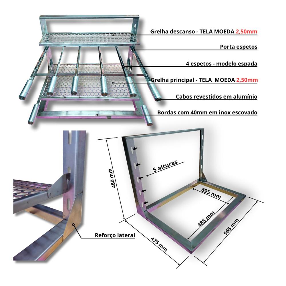Kit Coifa Box Gomada INOX Gourmet 80x60 + Braseiro 50x40 + Grill