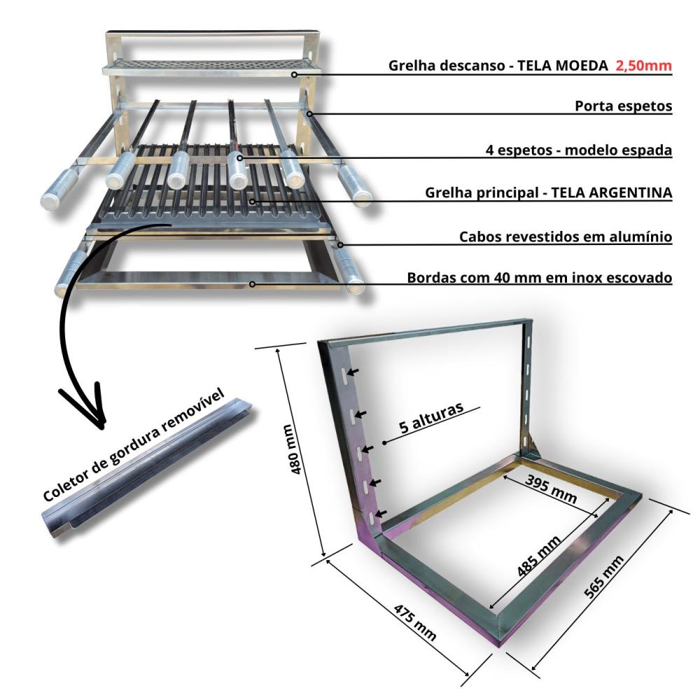 Kit Churrasqueira Gourmet Coifa 80x60 Inox Grelha Argentina braseiro 50x40