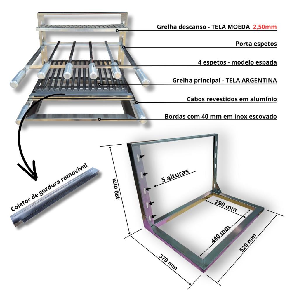 Kit Churrasqueira Gourmet Coifa 80x60 Braseiro 50x40 com argentina