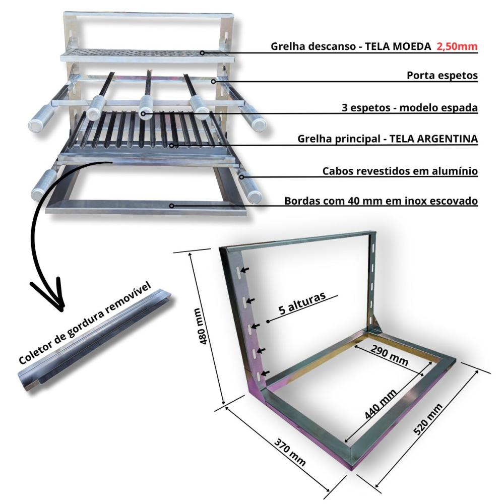 Kit Churrasqueira Braseiro 45x30 com Grelha Argentina Inox Coifa 70x50