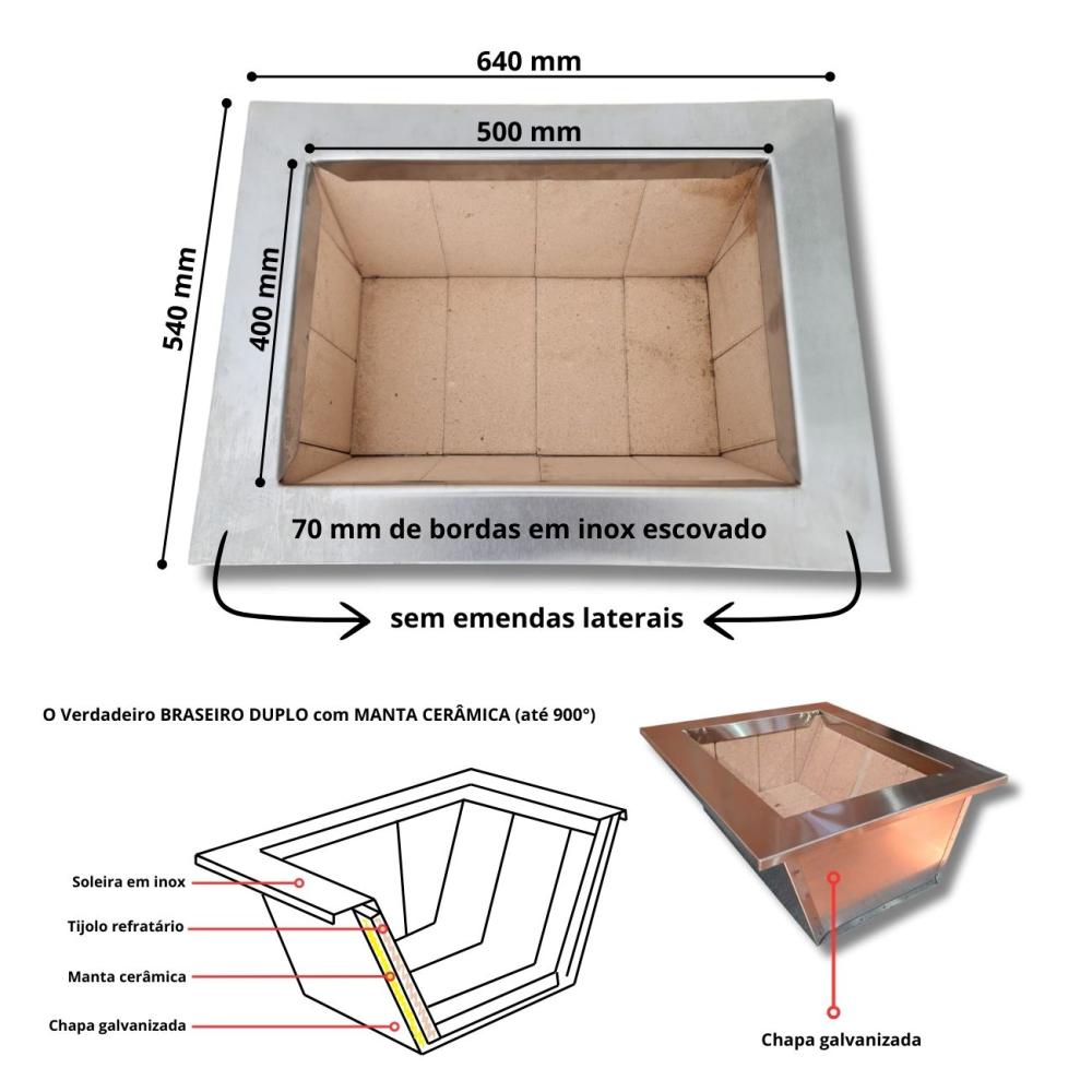 Kit Churrasqueira Coifa 80x60 Inox Grill Curvas 90 Braseiro 50x40