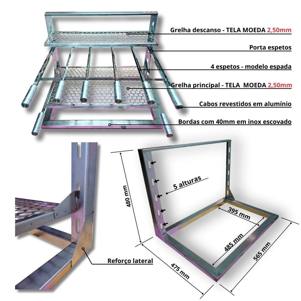 Kit Churrasqueira Coifa 80x60 Inox Grill Curvas 90 Braseiro 50x40