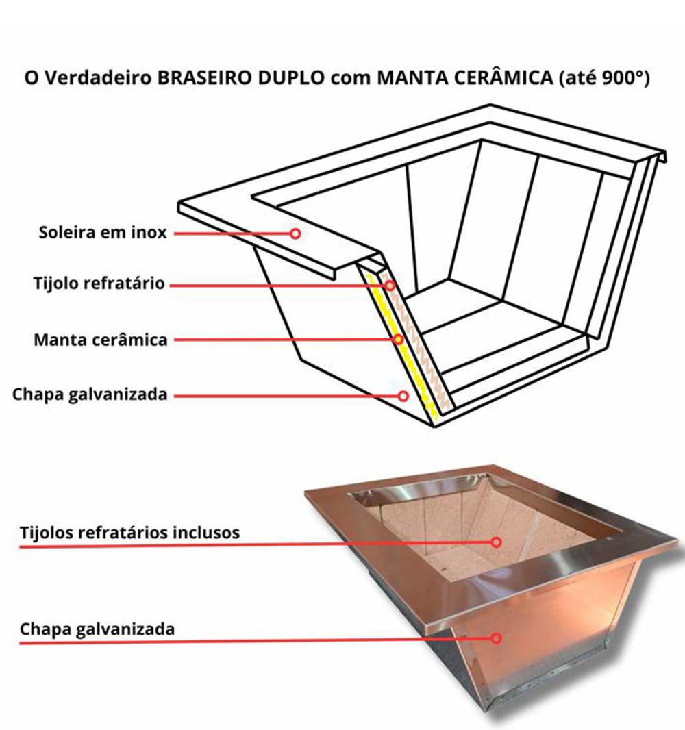 Kit Churrasqueira Braseiro 45x30 com Grelha Argentina Coifa Inox 70x50