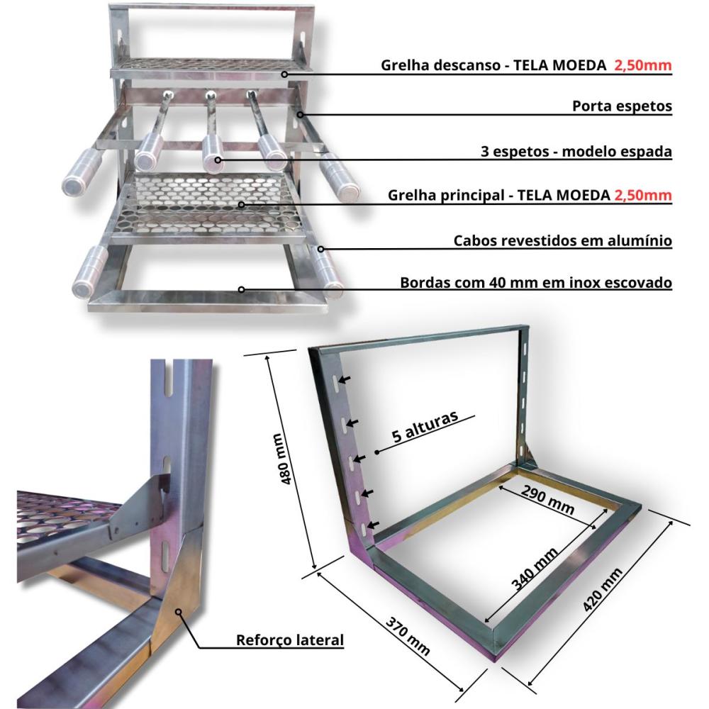 Churrasqueira Inox coifa 60x50 Gourmet Grill Espetos Braseiro 35x30