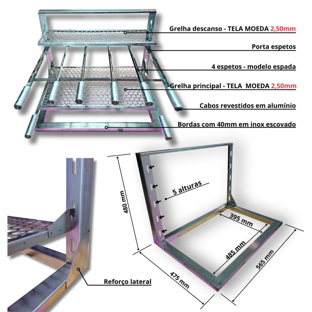 Kit Churrasqueira Coifa 80x60 Gourmet Grill Curvas Braseiro 50x40
