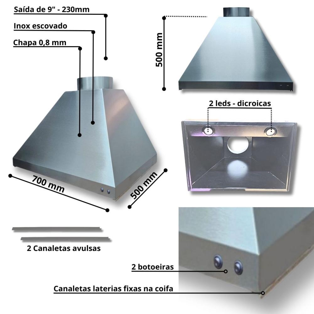 Kit Churrasqueira Coifa 70x40 Inox Gourmet  Espetos Braseiro 45x30