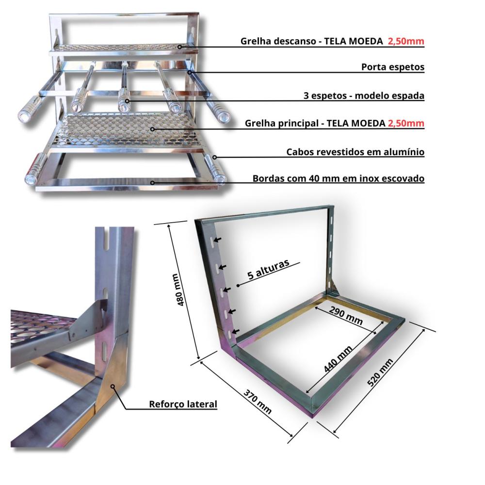 Kit Churrasqueira Coifa 70x40 Inox Gourmet  Espetos Braseiro 45x30