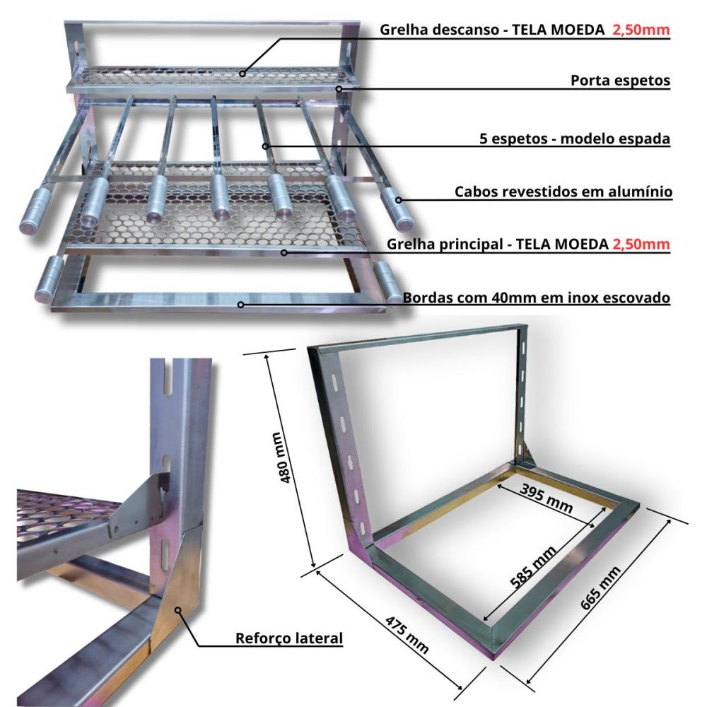 Kit Coifa 90x60 Gourmet Grill Flutuante 60x40 Inox 1 Tubo Espetos