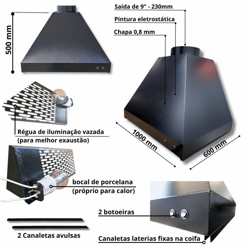Kit Coifa 1,0x0,60 Gourmet Grill Flutuante 70x40 Inox 1 Tubo